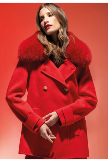 ABRIGO PAÑO ROJO PURA LANA 100%, CUELLO ROJO PELO NATURAL ZORRO - LOCOLUXO