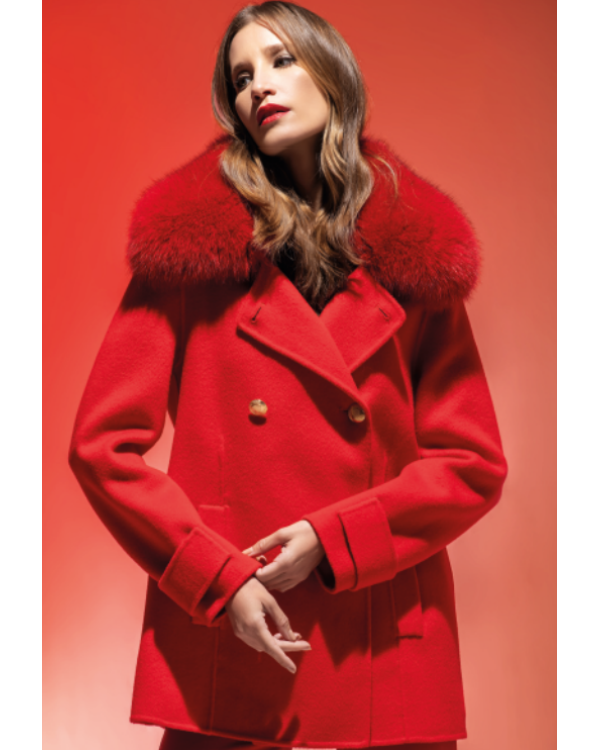ABRIGO PAÑO ROJO PURA LANA 100%, CUELLO ROJO PELO NATURAL ZORRO - LOCOLUXO