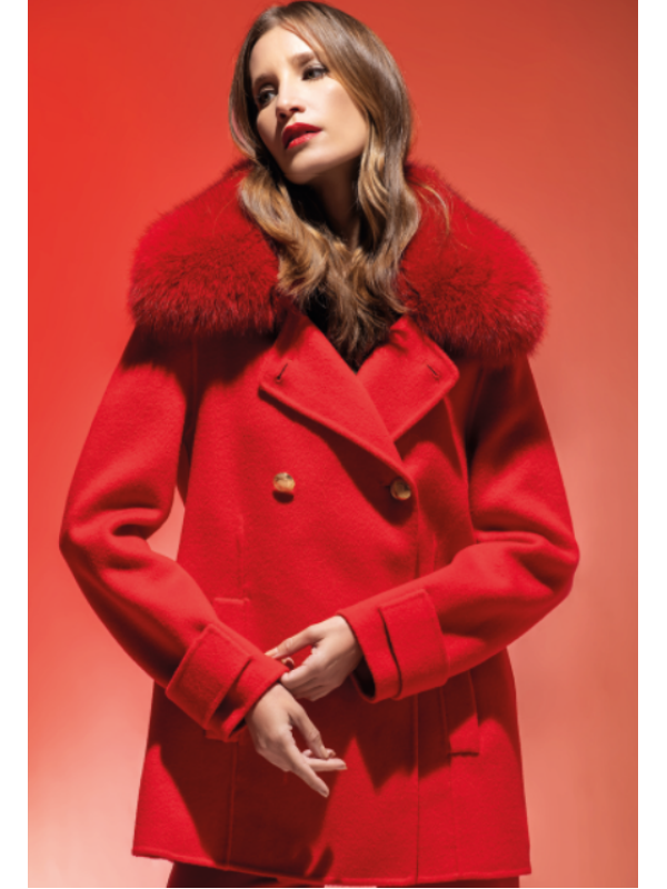 ABRIGO PAÑO ROJO PURA LANA 100%, CUELLO ROJO PELO NATURAL ZORRO - LOCOLUXO