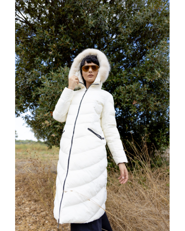 PLUMÓN LARGO BLANCO, CUELLO PELO NATURAL - PREGIO COUTURE