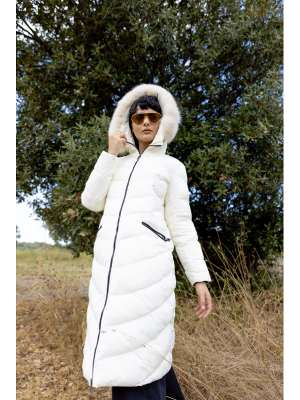 PLUMÓN LARGO BLANCO, CUELLO PELO NATURAL - PREGIO COUTURE