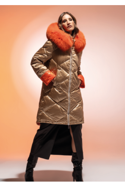 PLUMÓN LARGO ORO, CUELLO NARANJA PIEL NATURAL ZORRO - LOCOLUXO