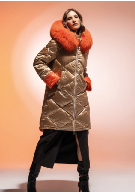 PLUMÓN LARGO ORO, CUELLO NARANJA PIEL NATURAL ZORRO - LOCOLUXO