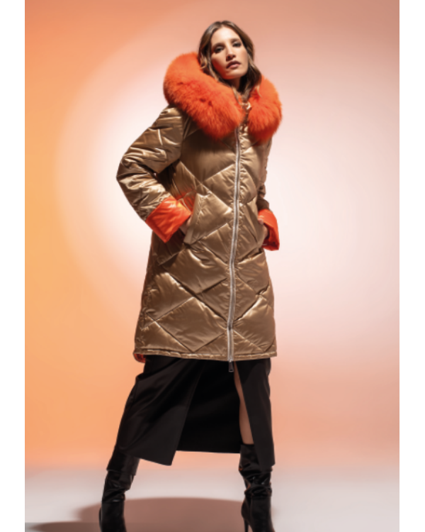 PLUMÓN LARGO ORO, CUELLO NARANJA PIEL NATURAL ZORRO - LOCOLUXO