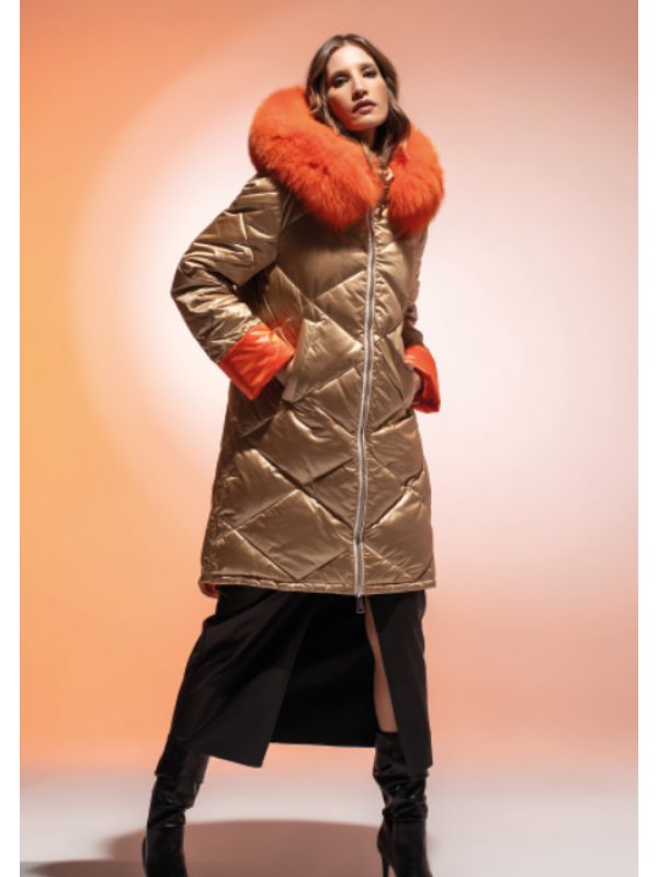 PLUMÓN LARGO ORO, CUELLO NARANJA PIEL NATURAL ZORRO - LOCOLUXO