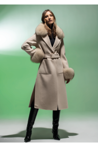 ABRIGO PAÑO BEIG PURA LANA 100%, CUELLO PELO NATURAL ZORRO - LOCOLUXO