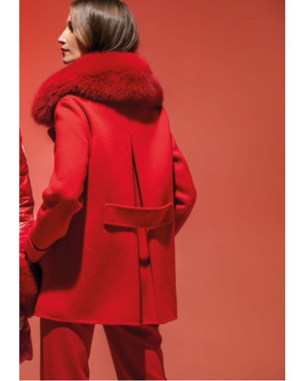 ABRIGO PAÑO ROJO PURA LANA 100%, CUELLO ROJO PELO NATURAL ZORRO - LOCOLUXO