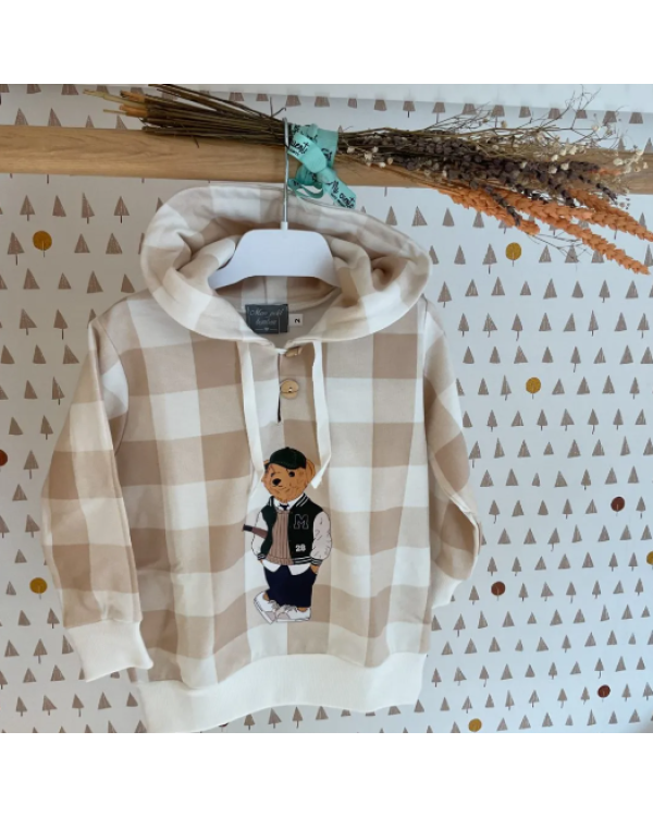 SUDADERA CUADROS CAMEL OSO NIÑO - MON PETIT BONBON