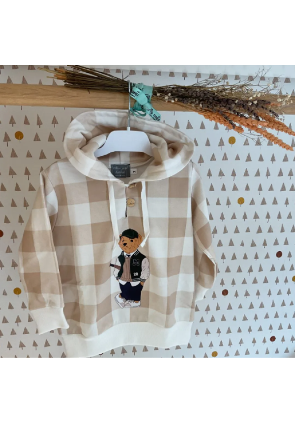 SUDADERA CUADROS CAMEL OSO NIÑO - MON PETIT BONBON