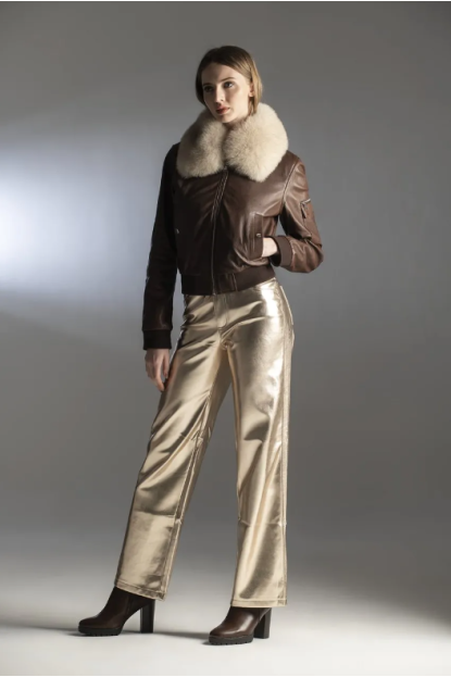 CAZADORA CUERO CORTA, CUELLO PELO NATURAL ZORRO - LOCOLUXO