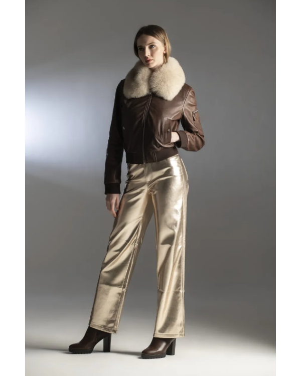 CAZADORA CUERO CORTA, CUELLO PELO NATURAL ZORRO - LOCOLUXO