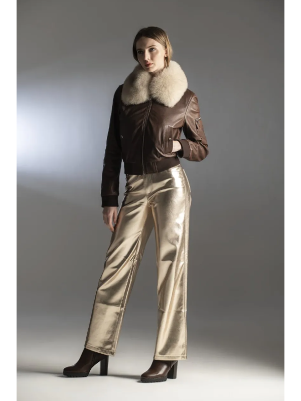 CAZADORA CUERO CORTA, CUELLO PELO NATURAL ZORRO - LOCOLUXO