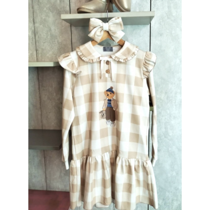 VESTIDO FELPA OSO CUADROS CAMEL - MON PETIT BONBON