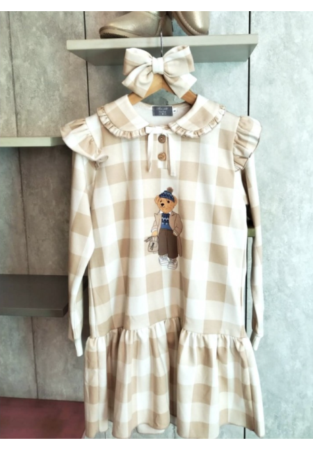VESTIDO FELPA OSO CUADROS CAMEL - MON PETIT BONBON