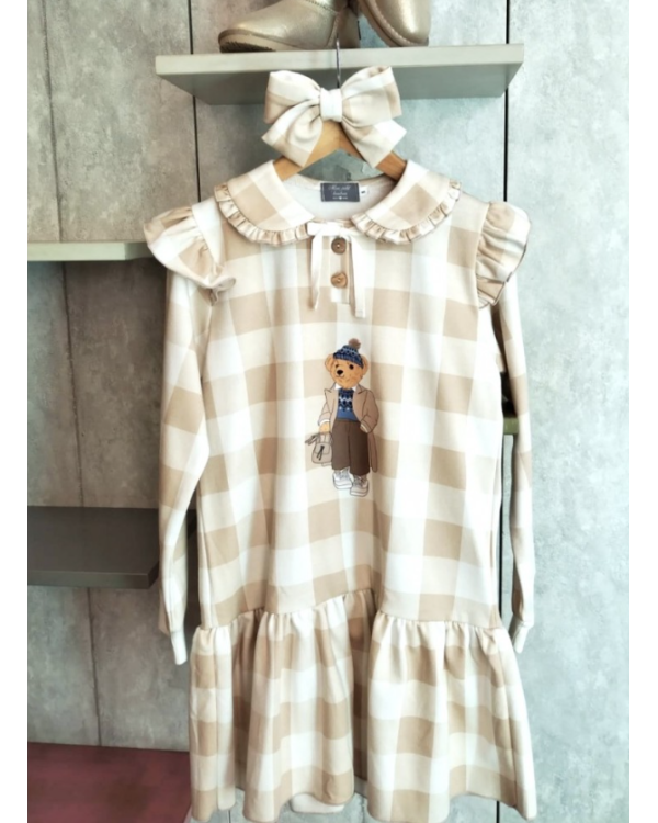 VESTIDO FELPA OSO CUADROS CAMEL - MON PETIT BONBON
