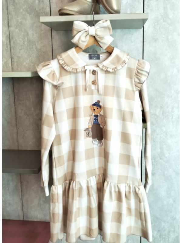 VESTIDO FELPA OSO CUADROS CAMEL - MON PETIT BONBON