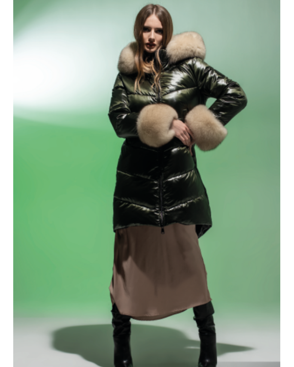 PLUMÓN LARGO VERDE BOTELLA, CUELLO PELO NATURAL ZORRO - LOCOLUXO