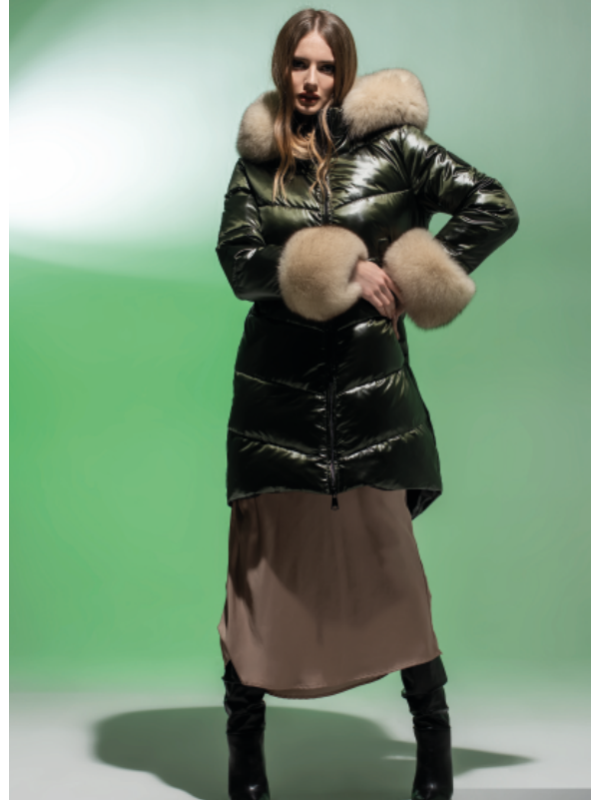 PLUMÓN LARGO VERDE BOTELLA, CUELLO PELO NATURAL ZORRO - LOCOLUXO