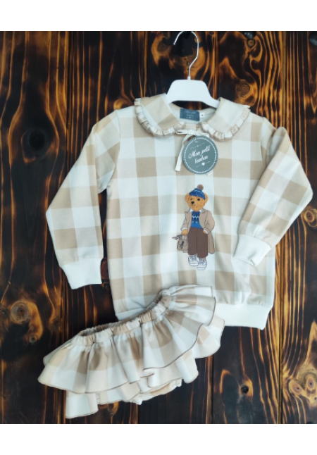 CONJUNTO FELPA OSO CUADROS CAMEL - MON PETIT BONBON