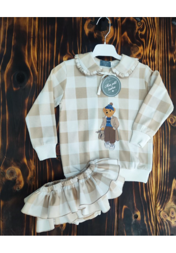 CONJUNTO FELPA OSO CUADROS CAMEL - MON PETIT BONBON