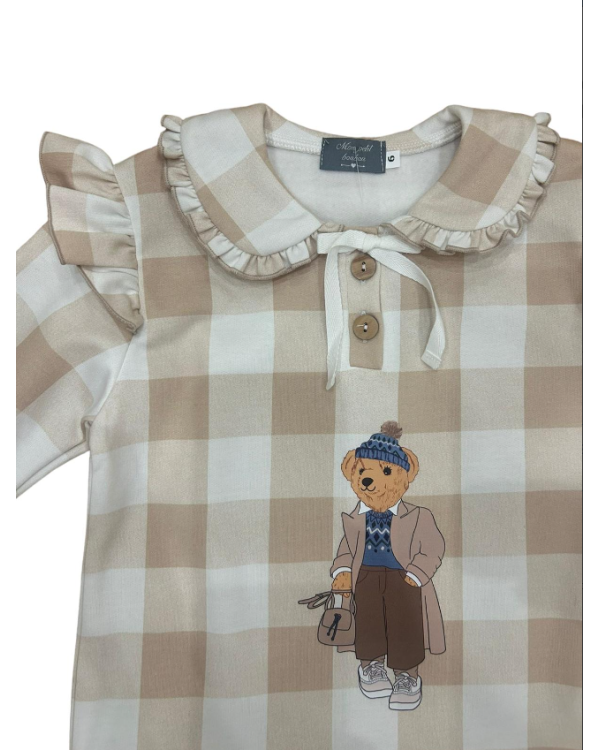 VESTIDO FELPA OSO CUADROS CAMEL - MON PETIT BONBON