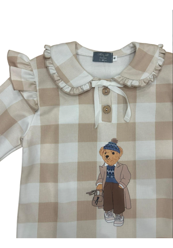 VESTIDO FELPA OSO CUADROS CAMEL - MON PETIT BONBON