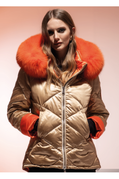 PLUMÓN CORTO ORO, CUELLO NARANJA PELO NATURAL ZORRO - LOCOLUXO