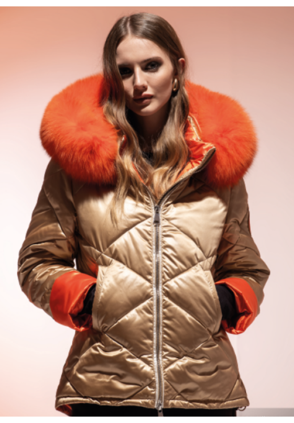 PLUMÓN CORTO ORO, CUELLO NARANJA PELO NATURAL ZORRO - LOCOLUXO